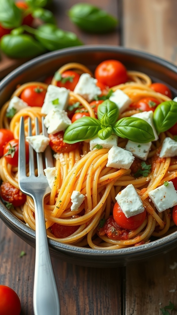 Baked feta pasta with cherry tomatoes and fresh basil in a rustic bowl.